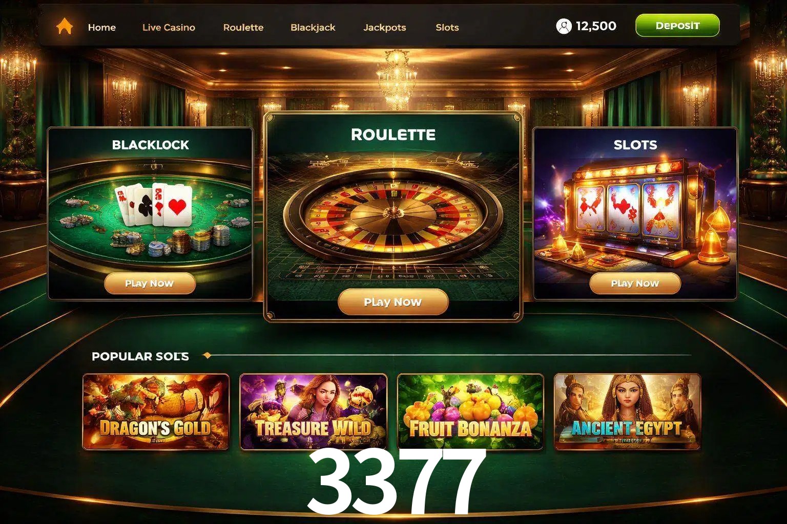 Vista de la plataforma 3377 Casino mostrando categorías organizadas de juegos en línea
