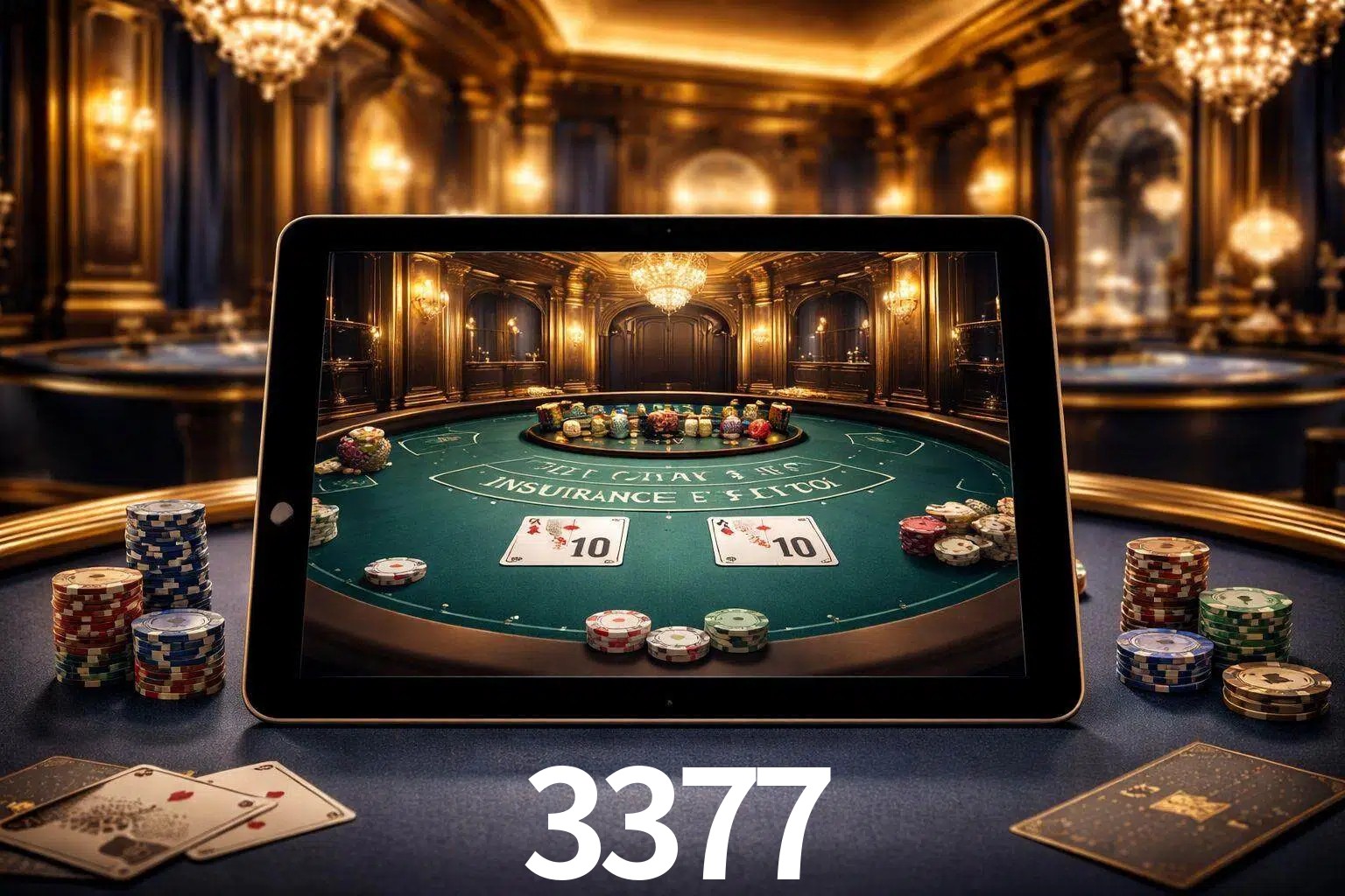 Configuración moderna de casino en vivo con una tableta mostrando una mesa de blackjack, luces cálidas de estudio y una atmósfera elegante de juegos digitales.